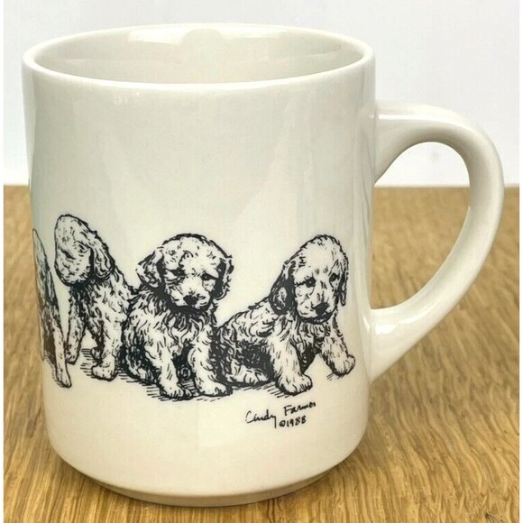 VTG 1988 Cindy Farmer Puppy Dog Golden Retriever Sketch Line Drawing Coffee Mug - Picture 1 of 11